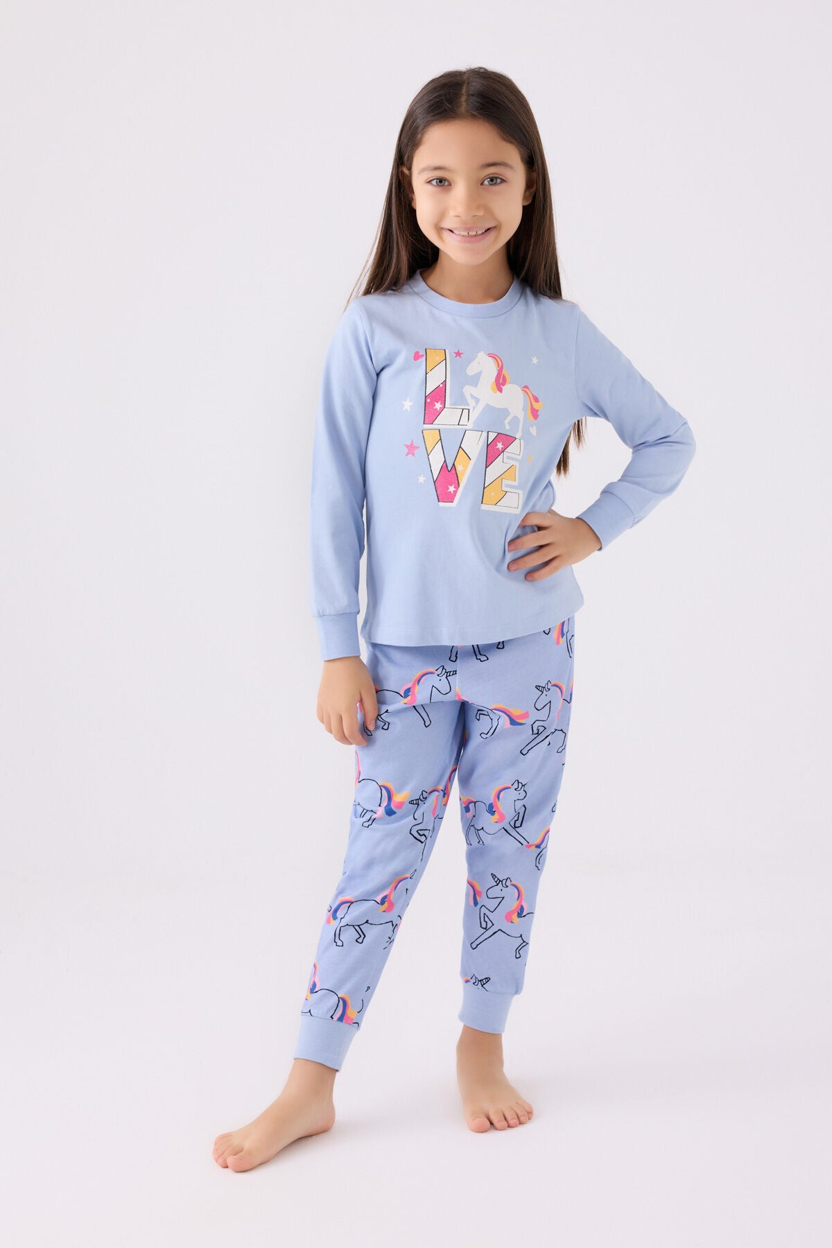 Rolypoly Kız Çocuk Bisiklet Yaka Pigment Baskılı Kışlık Regular Fit Mavi Pijama Takımı RP3476-C-V1