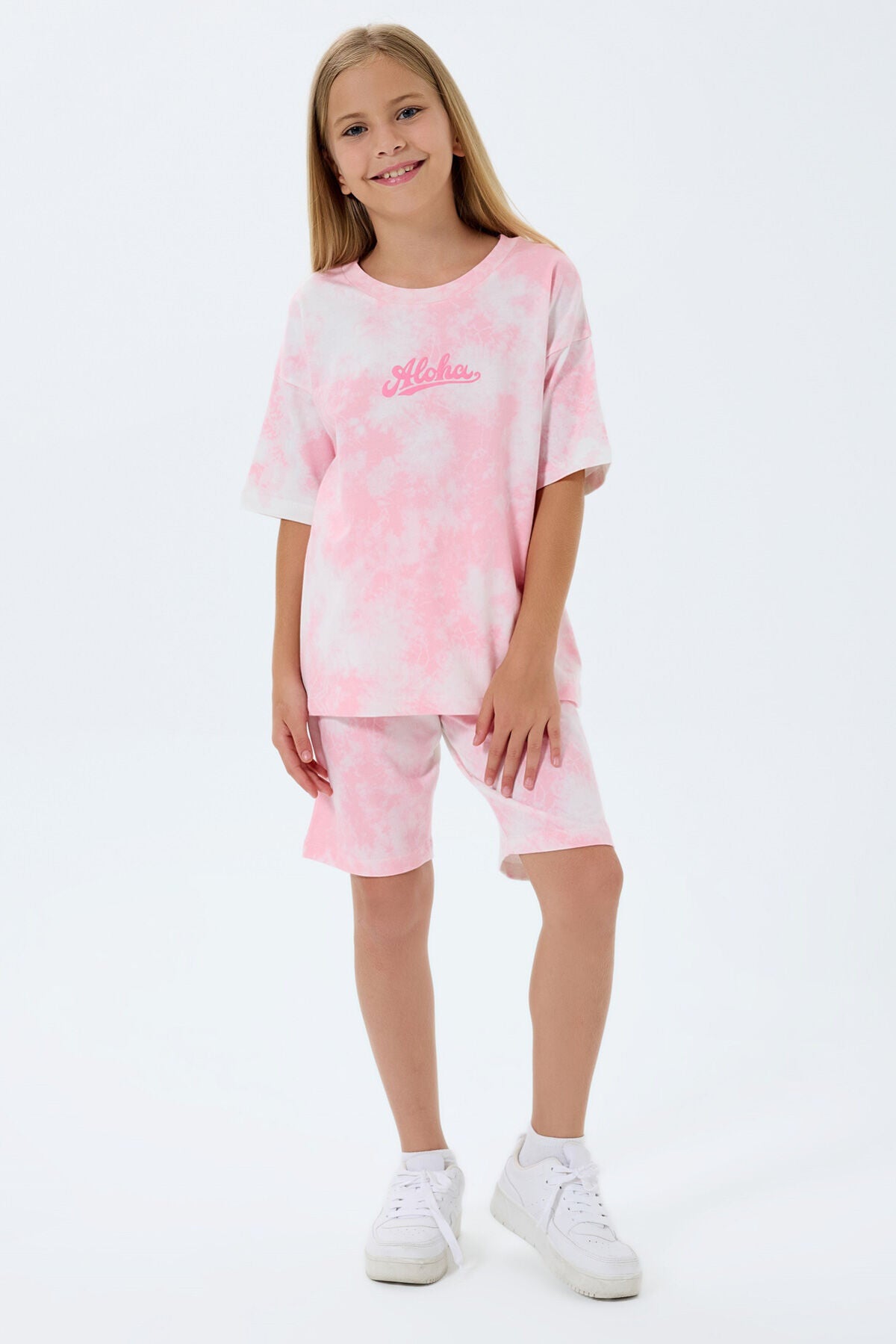 Rolypoly Kız Çocuk Bisiklet Yaka Baskılı Yazlık Regular Fit Pembe Bermuda Takım RP3803-C-V2 Ürün ikincil görseli