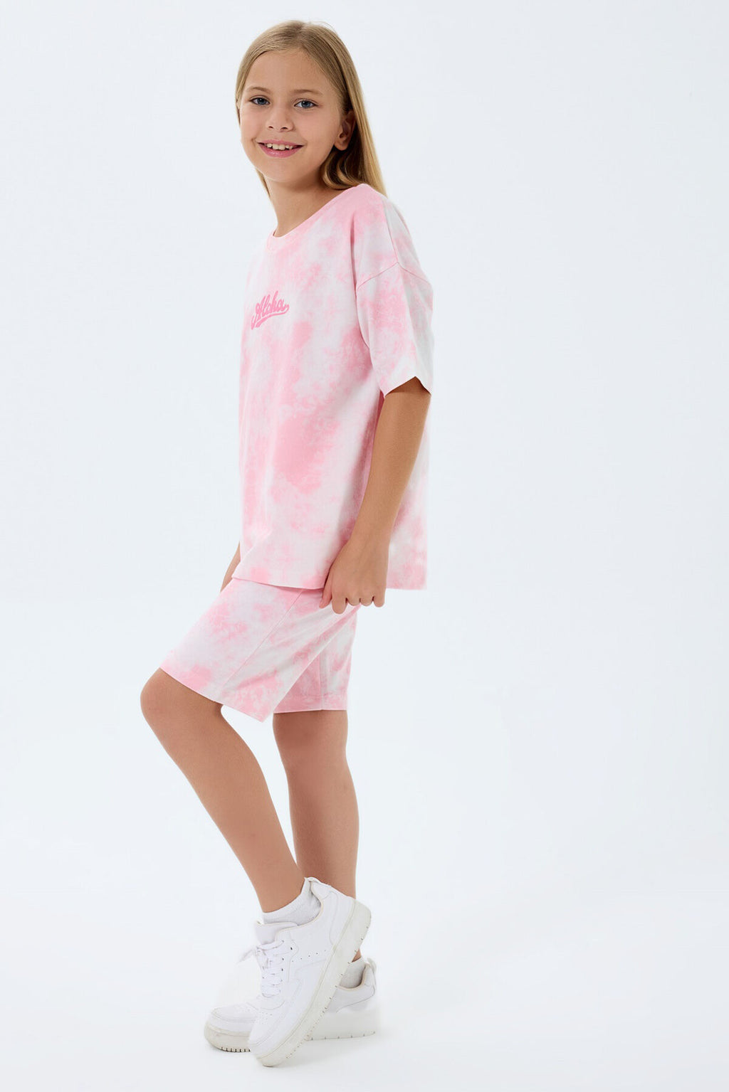 Rolypoly Kız Çocuk Bisiklet Yaka Baskılı Yazlık Regular Fit Pembe Bermuda Takım RP3803-C-V2