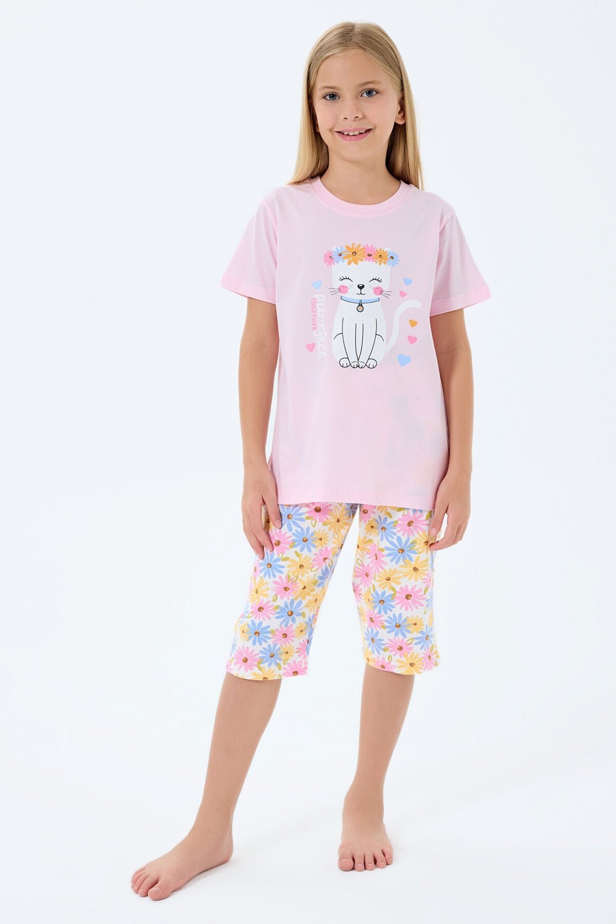 Rolypoly Kız Çocuk Bisiklet Yaka Baskılı Yazlık Regular Fit Pembe Kapri Takım RP3783-C-V1 Ürün ana görseli