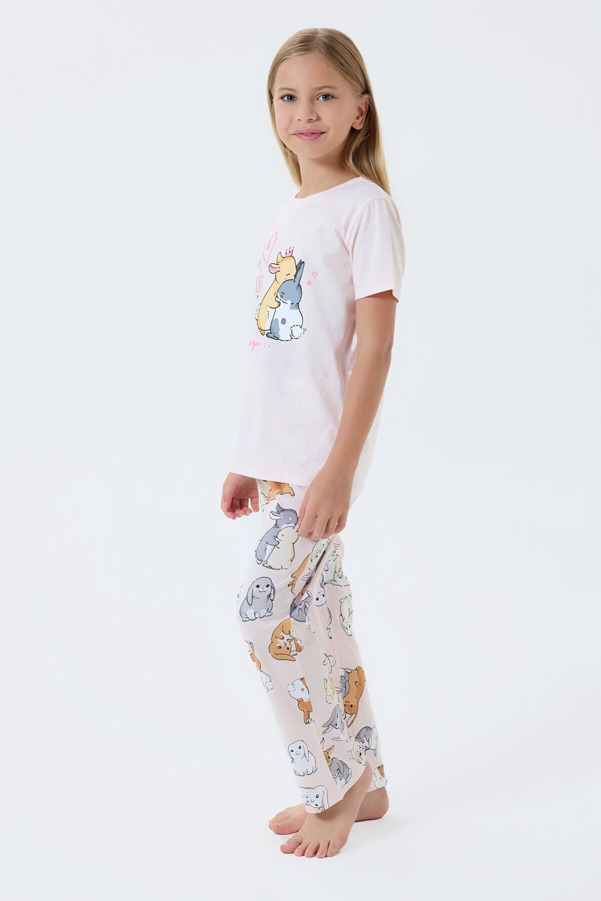 Rolypoly Kız Çocuk Bisiklet Yaka Baskılı Yazlık Regular Fit Pembe Pijama Takımı RP3774-C-V2