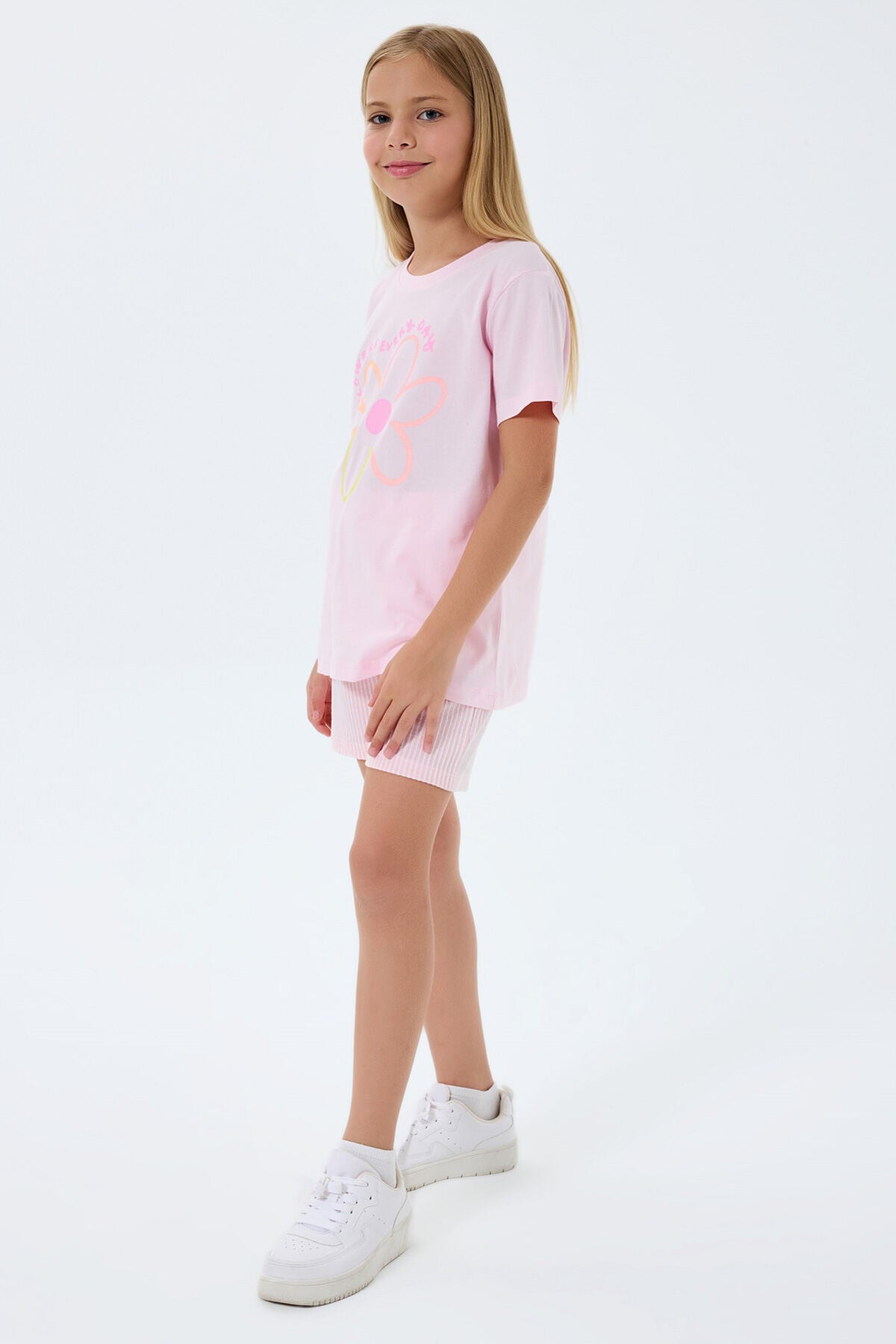 Rolypoly Kız Çocuk Bisiklet Yaka Baskılı Yazlık Regular Fit Pembe Şort Takım RP3795-C-V1