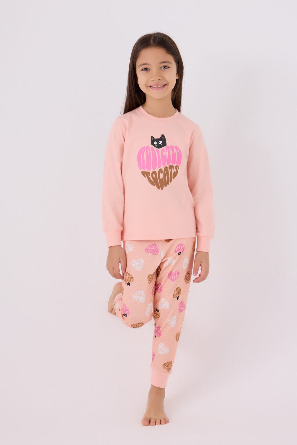Rolypoly Kız Çocuk Bisiklet Yaka Pigment Baskılı Kışlık Regular Fit Pembe Pijama Takımı RP3465-C-V1