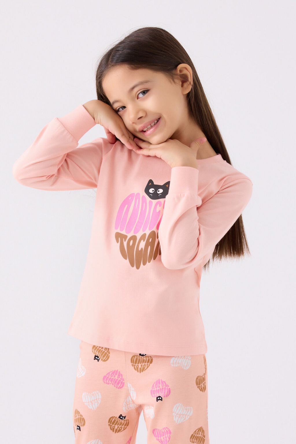 Kız Çocuk Pembe Uzun Kol Pijama Takım