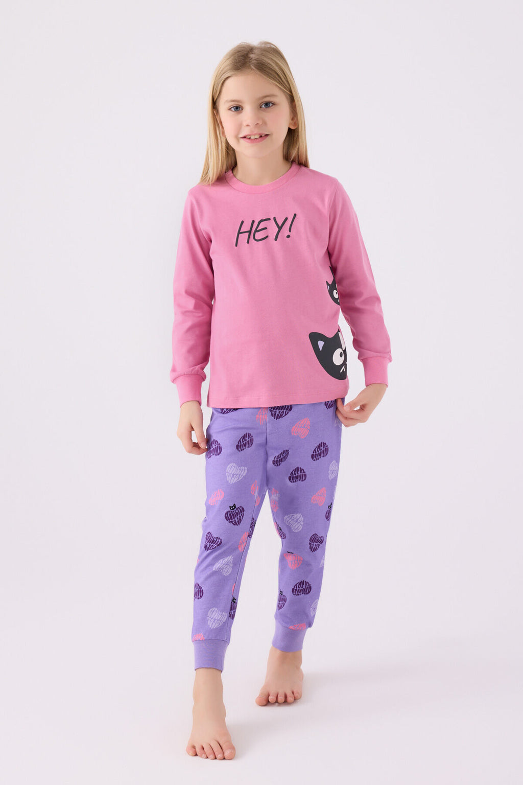Rolypoly Kız Çocuk Bisiklet Yaka Pigment Baskılı Kışlık Regular Fit Pembe Pijama Takımı RP3466-C-V2