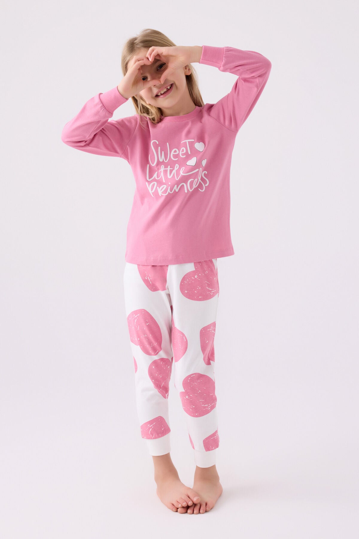 Rolypoly Kız Çocuk Bisiklet Yaka Pigment Baskılı Kışlık Regular Fit Pembe Pijama Takımı RP3470-C-V1
