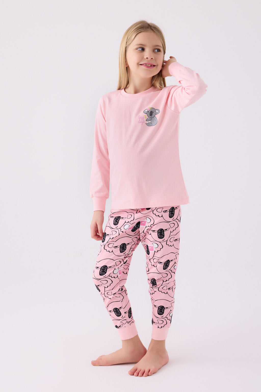 Rolypoly Kız Çocuk Bisiklet Yaka Pigment Baskılı Kışlık Regular Fit Pembe Pijama Takımı RP3491-C-V2
