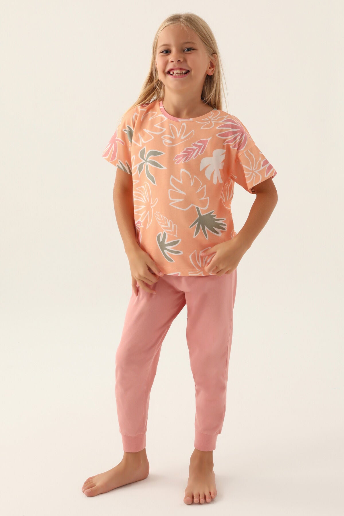 Rolypoly Kız Çocuk Bisiklet Yaka Pigment Baskılı Yazlık Regular Fit Turuncu Pijama Takımı RP3386-C-V2