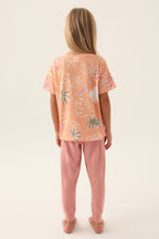 Rolypoly Kız Çocuk Bisiklet Yaka Pigment Baskılı Yazlık Regular Fit Turuncu Pijama Takımı RP3386-C-V2