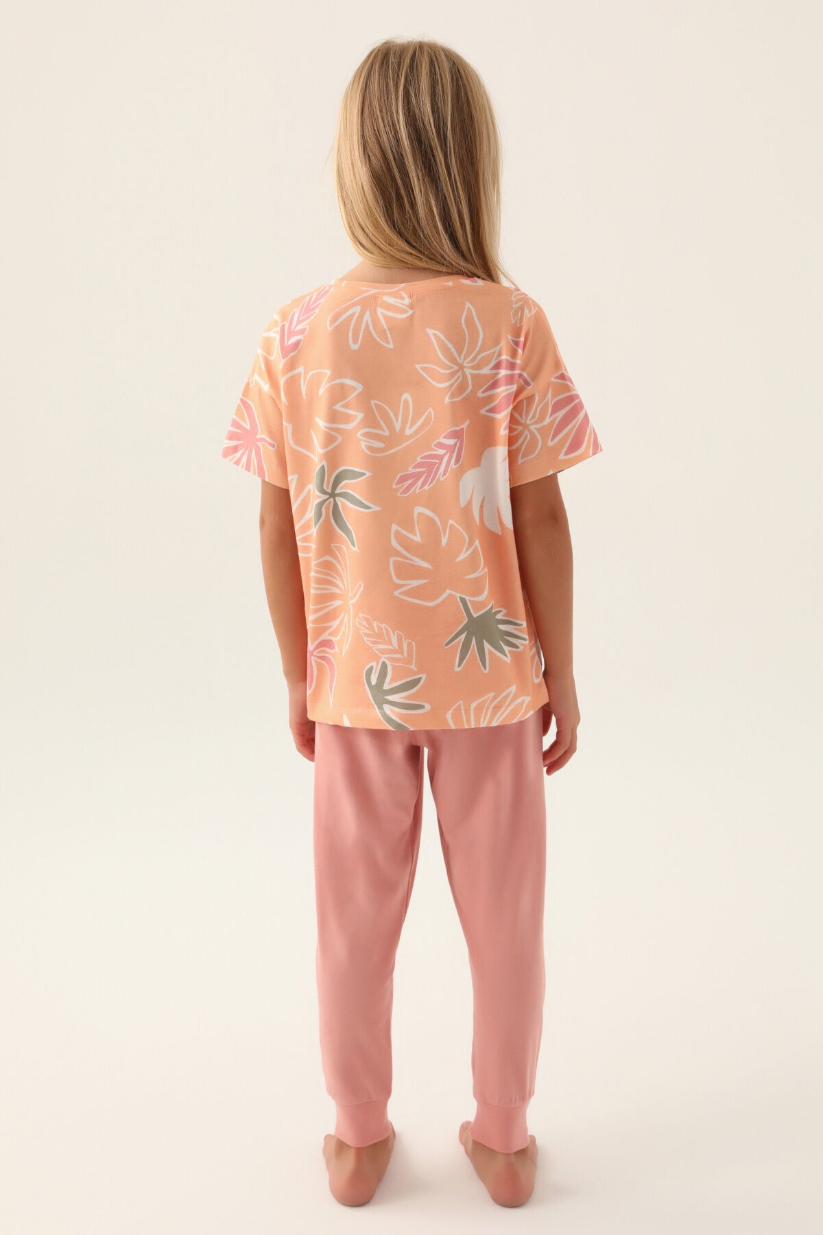 Rolypoly Kız Çocuk Bisiklet Yaka Pigment Baskılı Yazlık Regular Fit Turuncu Pijama Takımı RP3386-C-V2
