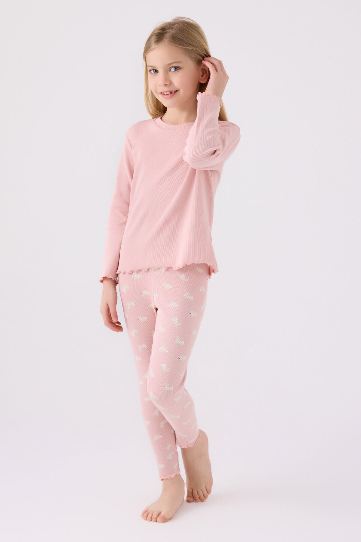 Rolypoly Kız Çocuk Bisiklet Yaka Pigment Baskılı Kışlık Regular Fit Pembe Pijama Takımı RP3458-C-V1 Ürün ana görseli