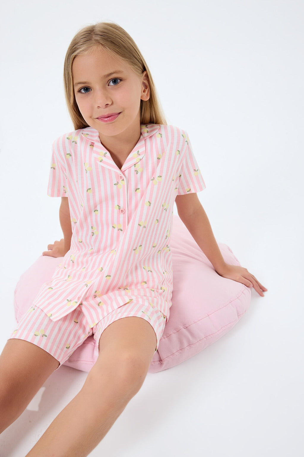 Rolypoly Kız Çocuk Gömlek Yaka Baskılı Yazlık Regular Fit Pembe Pijama Takımı RP3778-C-V2