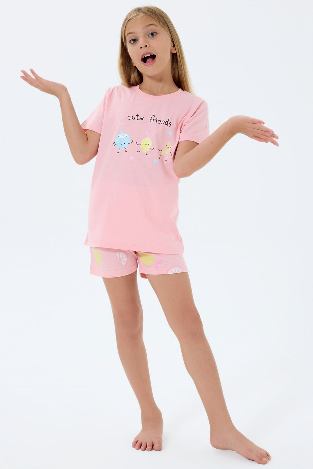 Rolypoly Kız Çocuk Bisiklet Yaka Baskılı Yazlık Regular Fit Pembe Şort Takım RP3794-C-V2