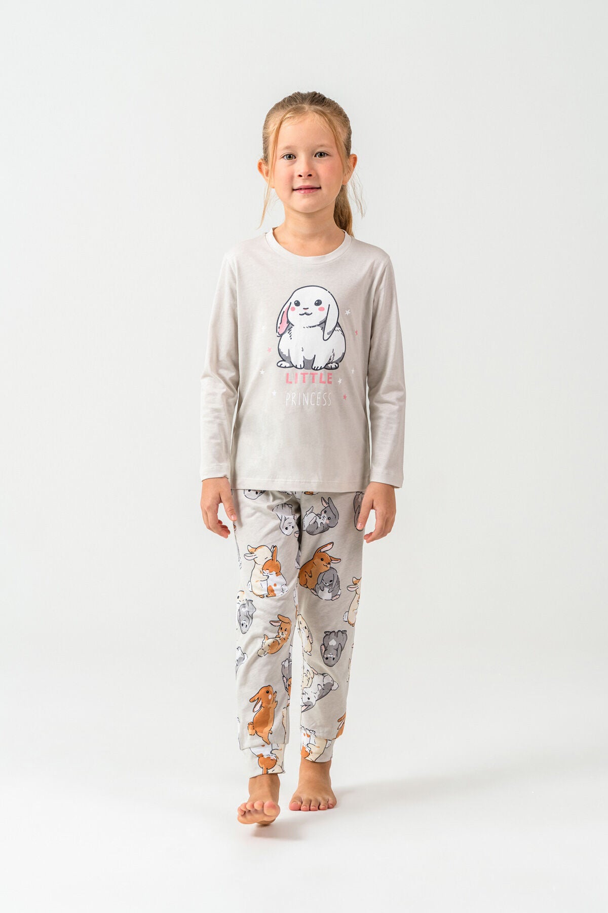 Rolypoly Kız Çocuk Bisiklet Yaka Baskılı Yazlık Relaxed Fit Gri Pijama Takımı RP3775-C-V1