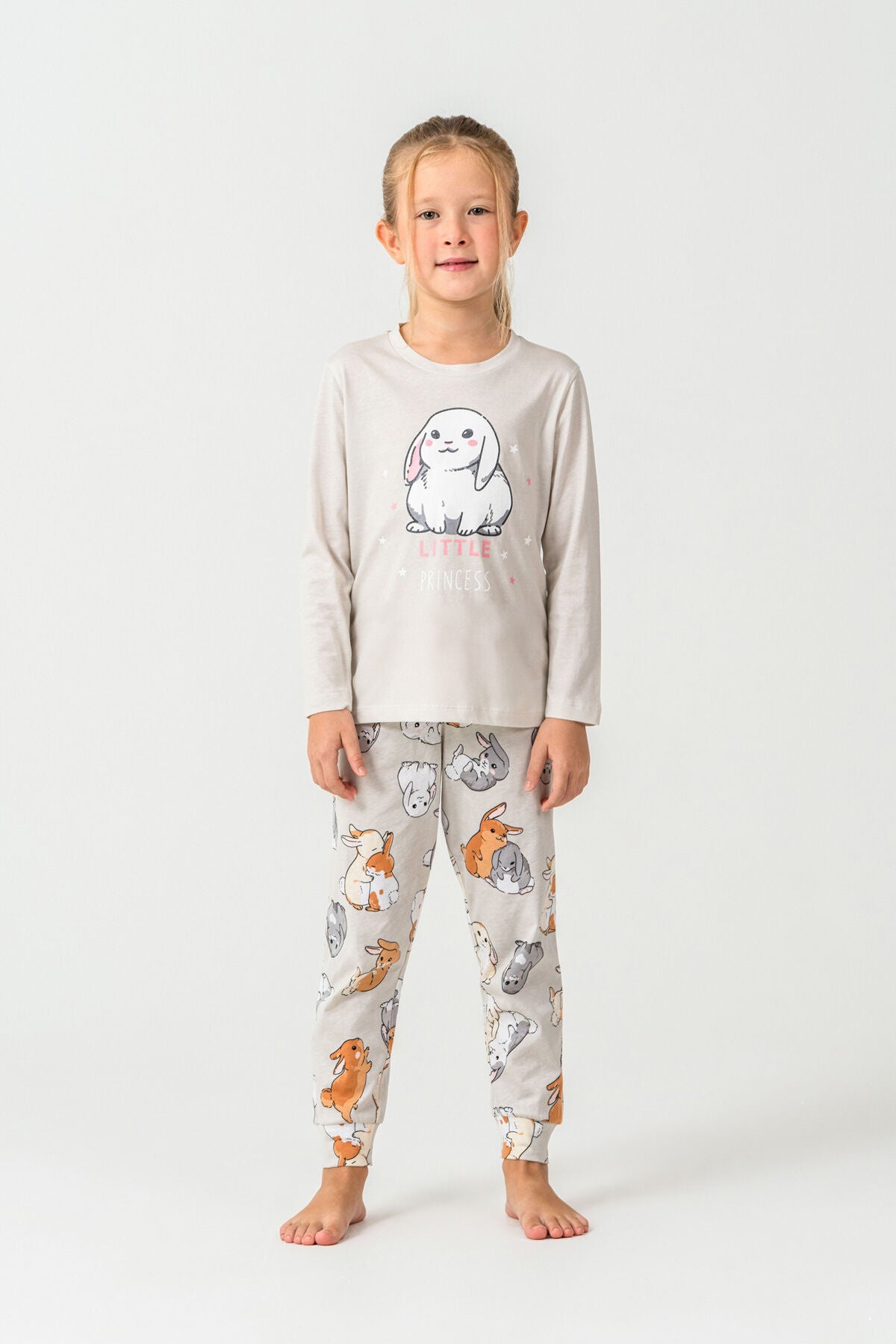 Rolypoly Kız Çocuk Bisiklet Yaka Baskılı Yazlık Relaxed Fit Gri Pijama Takımı RP3775-C-V1
