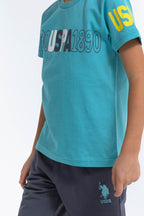 U.S. Polo Assn. Erkek Çocuk Bisiklet Yaka Pigment Baskılı Yazlık Regular Fit Yeşil Bermuda Takım US1018-C-V-4