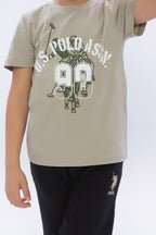 U.S. Polo Assn. Erkek Çocuk Bisiklet Yaka Pigment Baskılı Yazlık Regular Fit Haki Bermuda Takım US1091-C-V-1