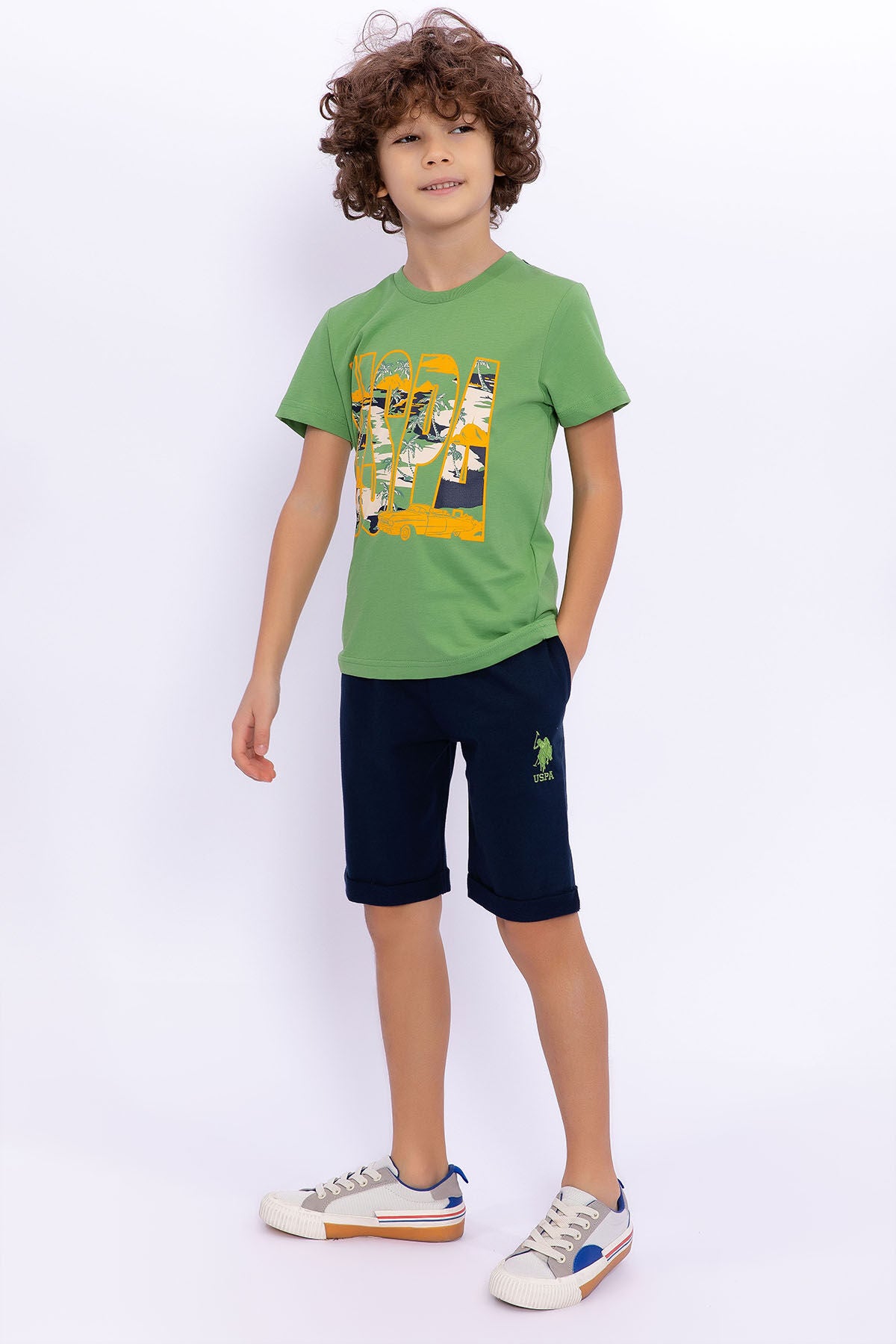 U.S. Polo Assn. Erkek Çocuk Bisiklet Yaka Pigment Baskılı Yazlık Regular Fit Yeşil Bermuda Takım US1015-C-V-3 Ürün ana görseli