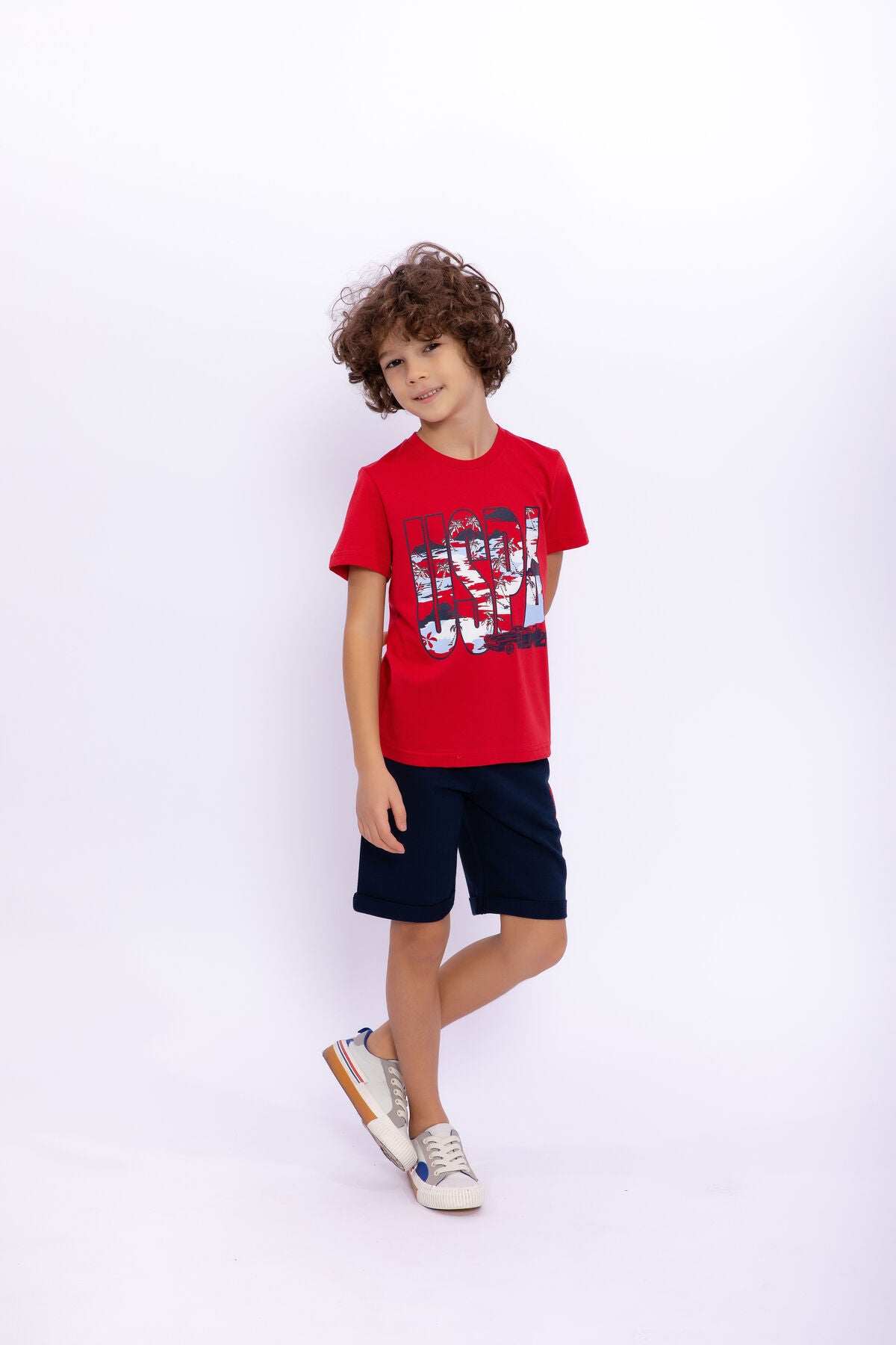 U.S. Polo Assn. Erkek Çocuk Bisiklet Yaka Pigment Baskılı Yazlık Regular Fit Kırmızı Bermuda Takım US1015-C-V-4