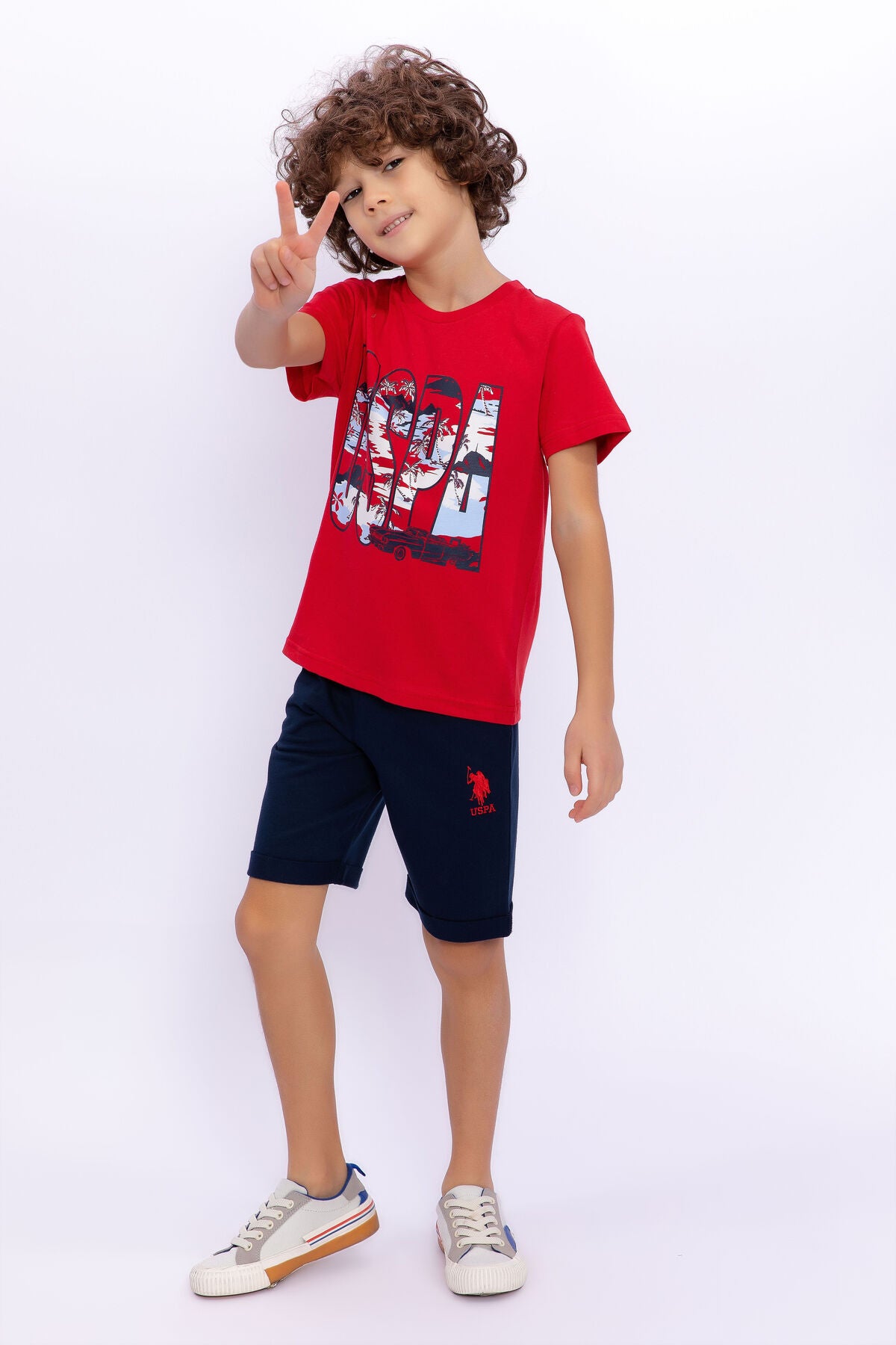 U.S. Polo Assn. Erkek Çocuk Bisiklet Yaka Pigment Baskılı Yazlık Regular Fit Kırmızı Bermuda Takım US1015-C-V-4