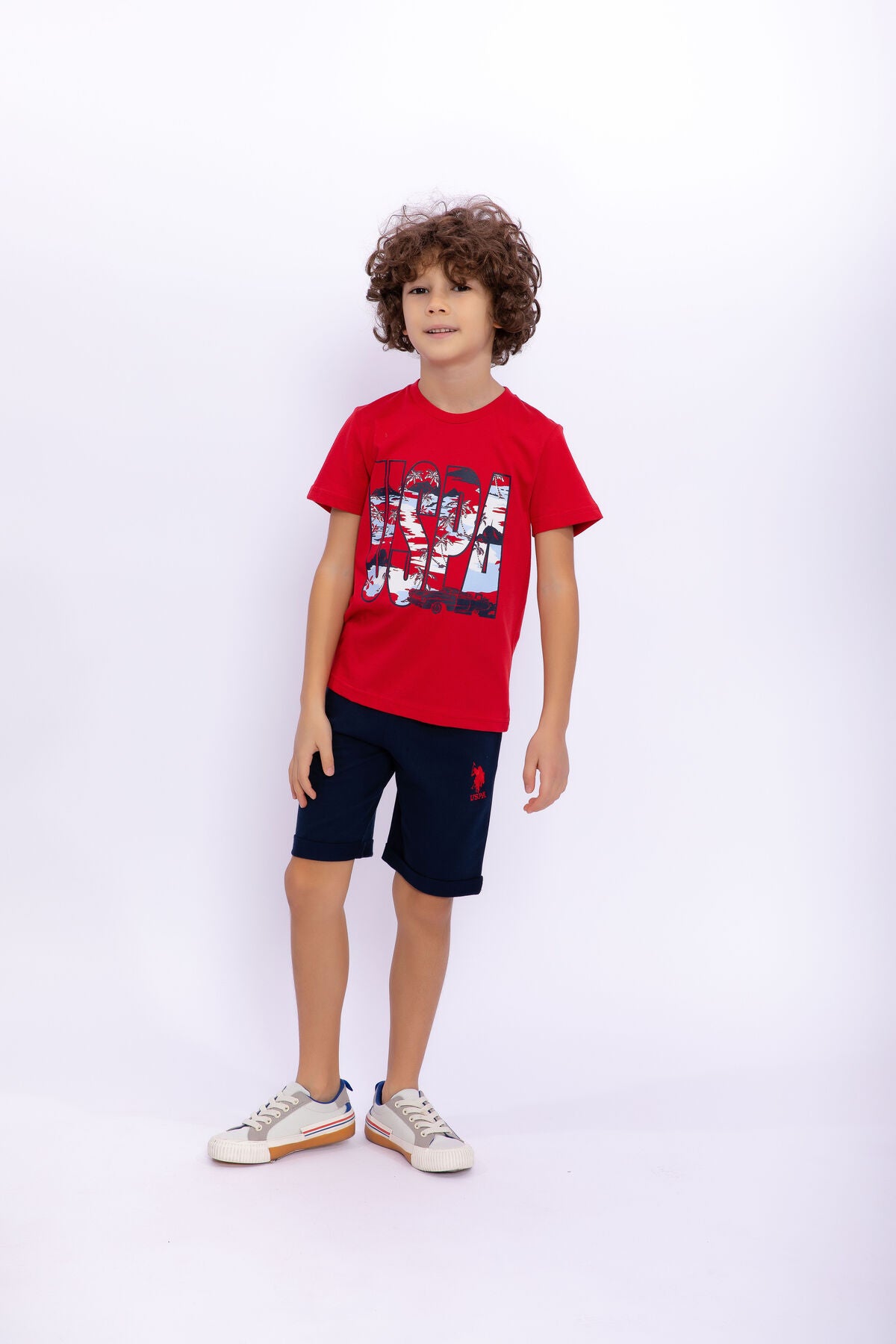 U.S. Polo Assn. Erkek Çocuk Bisiklet Yaka Pigment Baskılı Yazlık Regular Fit Kırmızı Bermuda Takım US1015-C-V-4