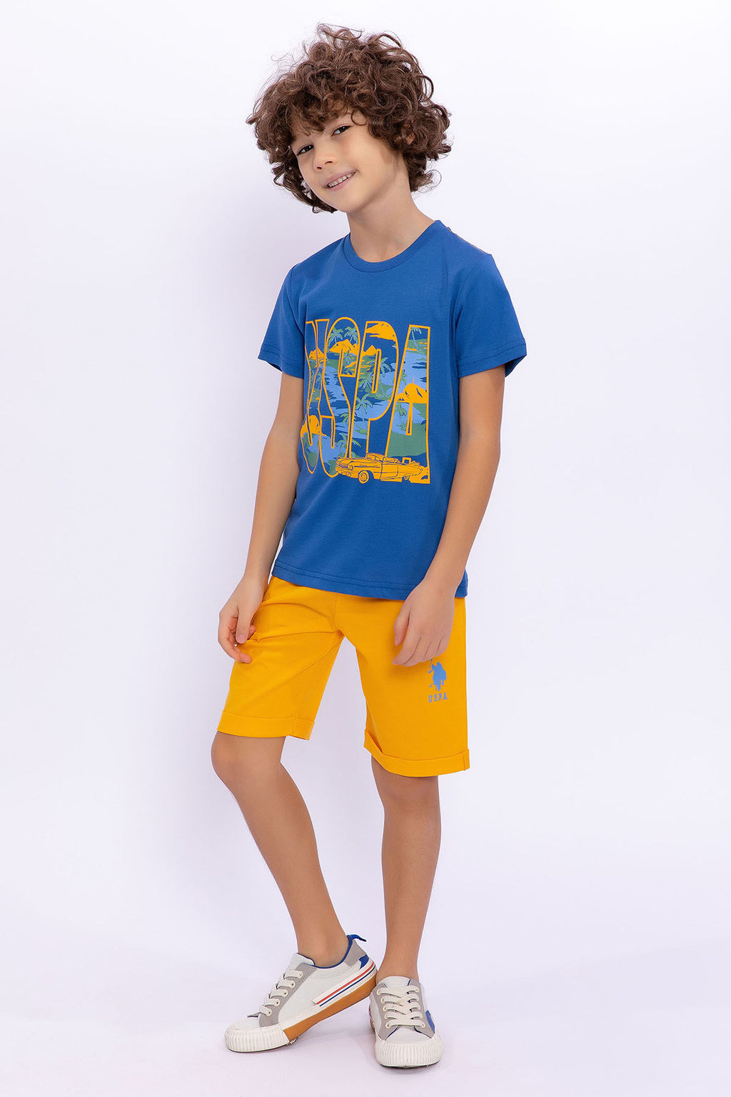 U.S. Polo Assn. Erkek Çocuk Bisiklet Yaka Pigment Baskılı Yazlık Regular Fit Mavi Bermuda Takım US1015-C-V-1
