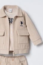 U.S. Polo Assn. Erkek Bebek Nakışlı Krem 3'lü Uzun Kol Pijama Takım USB3117-C-V1