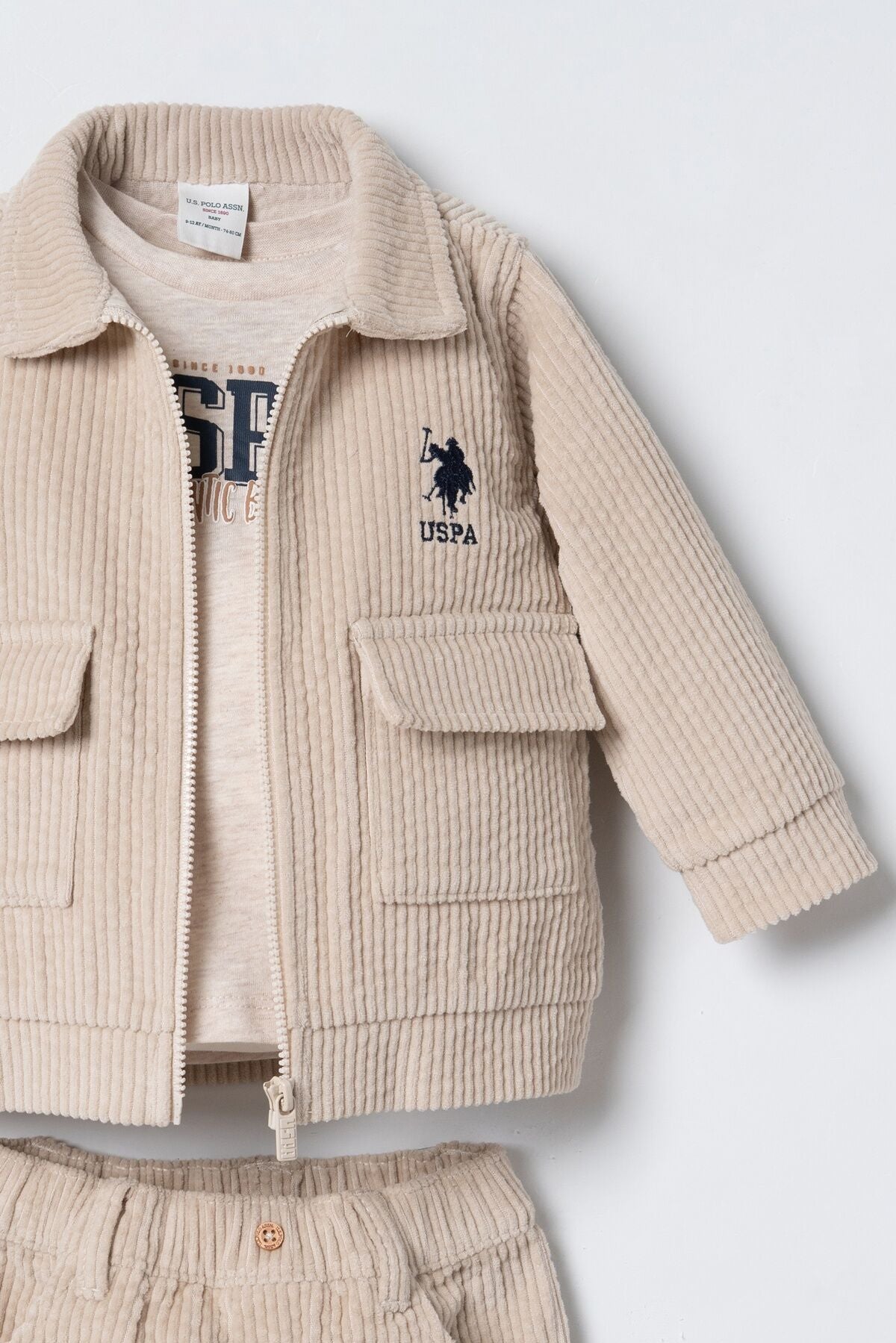 U.S. Polo Assn. Erkek Bebek Nakışlı Krem 3'lü Uzun Kol Pijama Takım USB3117-C-V1