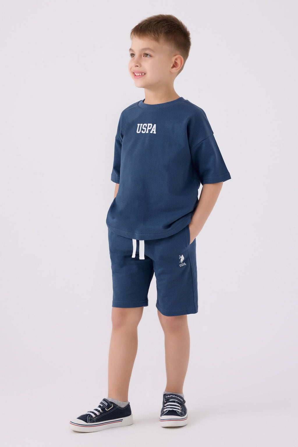 U.S. Polo Assn. Erkek Çocuk Bisiklet Yaka Pigment Baskılı Yazlık Regular Fit Mavi Bermuda Takım US1781-C-V6