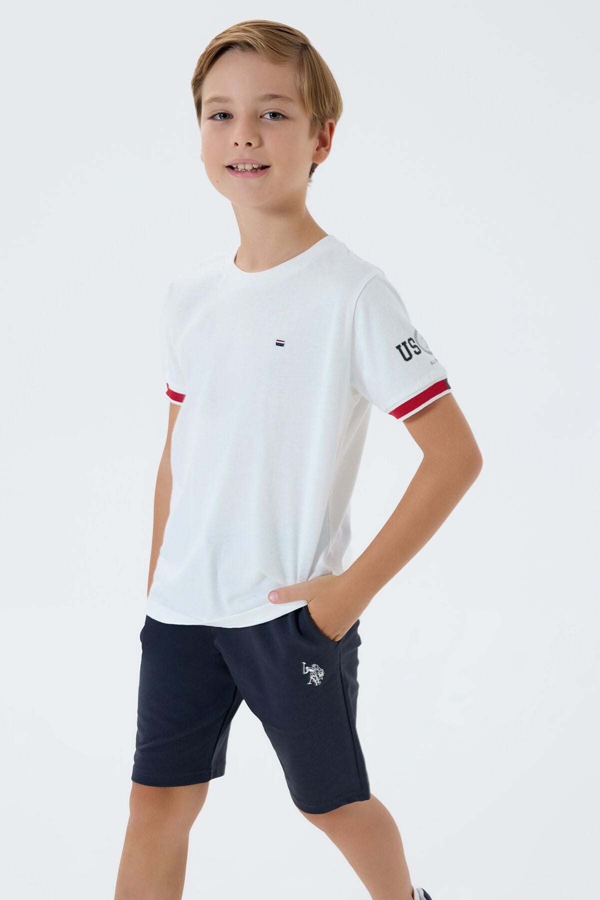 U.S. Polo Assn. Erkek Çocuk Bisiklet Yaka Nakışlı Yazlık Regular Fit Beyaz Bermuda Takım US2424-C-V2