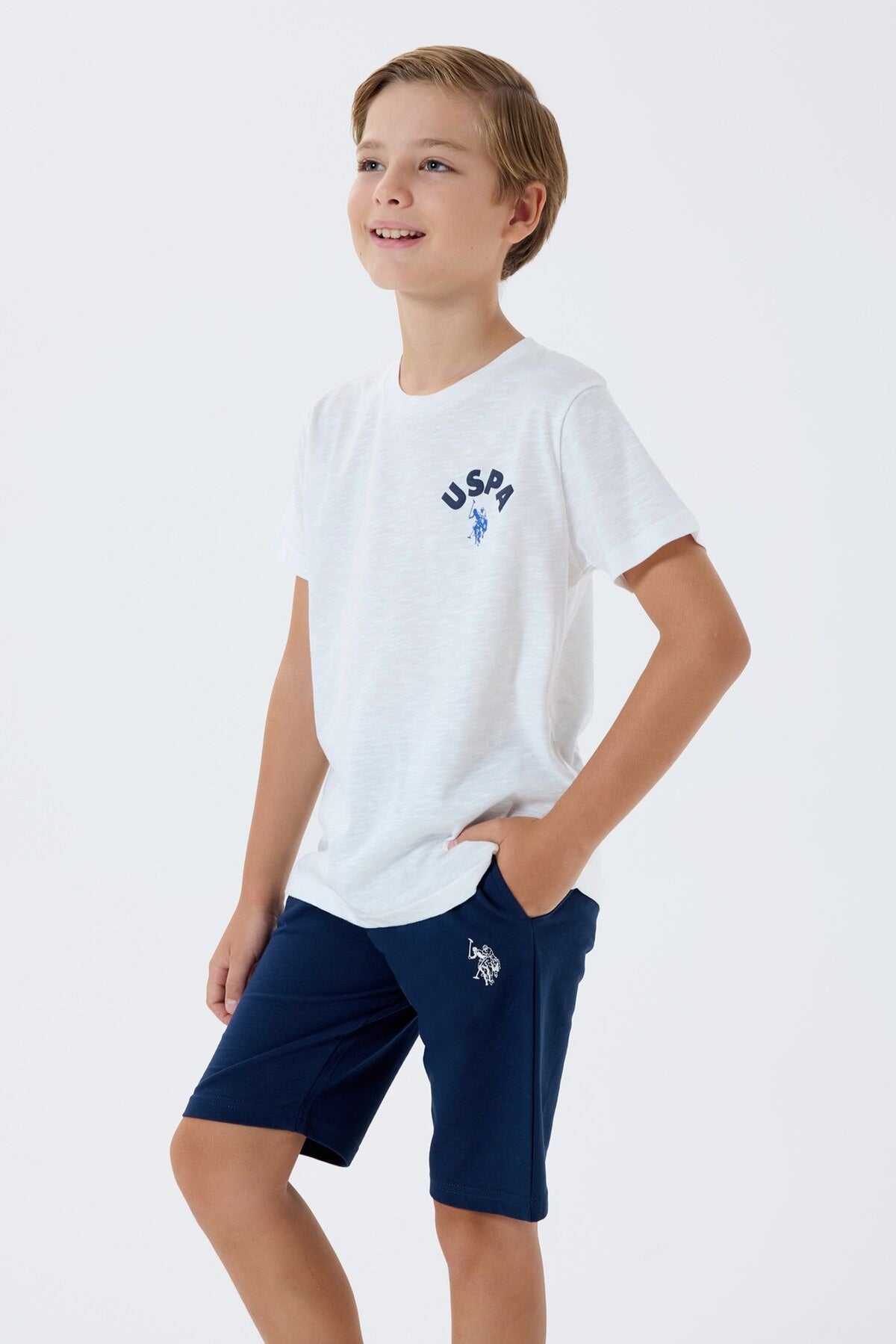 U.S. Polo Assn. Erkek Çocuk Bisiklet Yaka Nakışlı Yazlık Regular Fit Beyaz Bermuda Takım US2442-C-V1