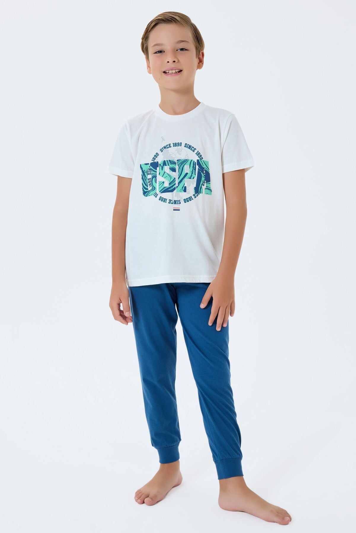 U.S. Polo Assn. Erkek Çocuk Bisiklet Yaka Nakışlı Yazlık Regular Fit Beyaz Pijama Takımı US2413-C-V2