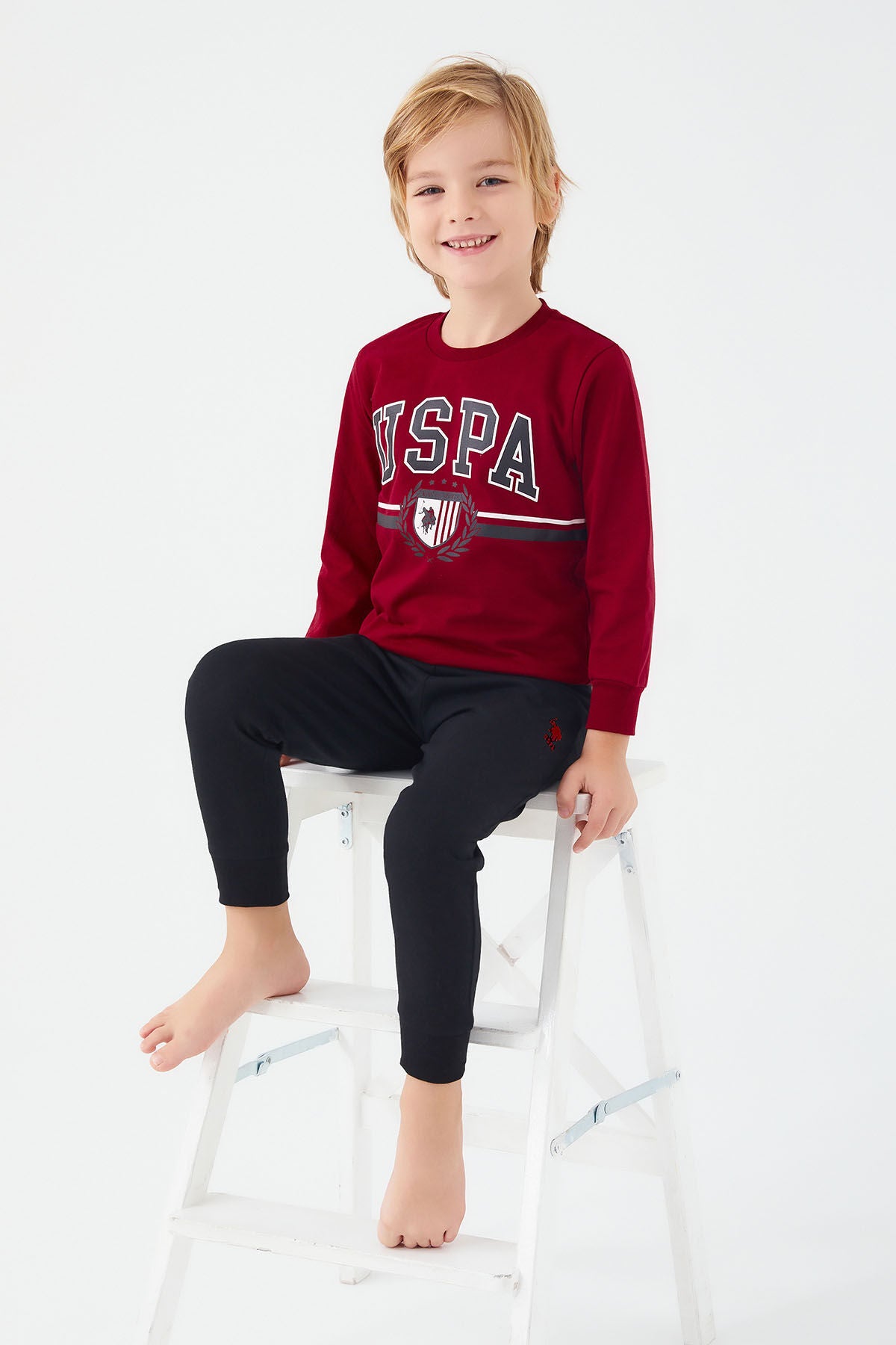 U.S. Polo Assn. Erkek Çocuk Bisiklet Yaka Pigment Baskılı Kışlık Regular Fit Bordo Pijama Takımı US1191-C-V3 Ürün ana görseli