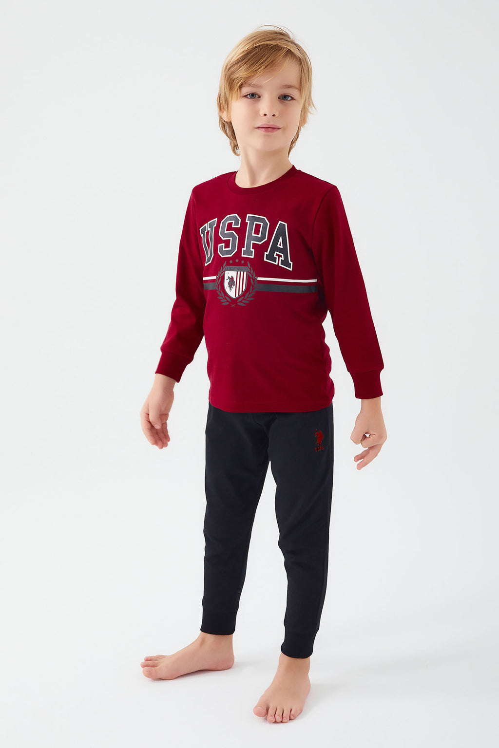 U.S. Polo Assn. Erkek Çocuk Bisiklet Yaka Pigment Baskılı Kışlık Regular Fit Bordo Pijama Takımı US1191-C-V3