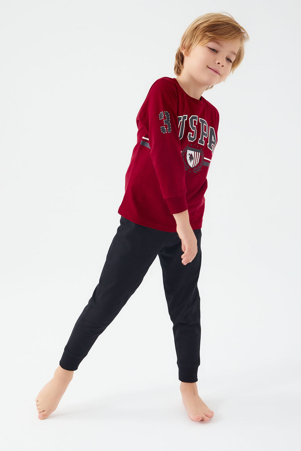 U.S. Polo Assn. Erkek Çocuk Bisiklet Yaka Pigment Baskılı Kışlık Regular Fit Bordo Pijama Takımı US1191-C-V3