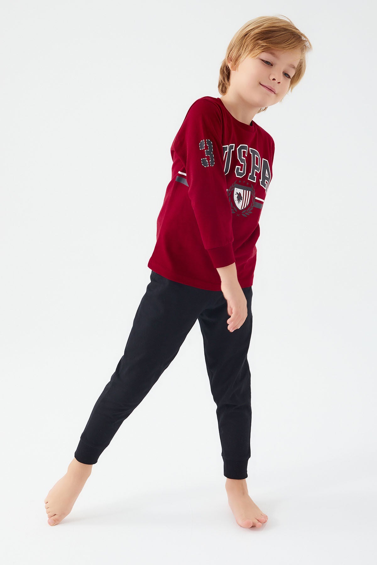 U.S. Polo Assn. Erkek Çocuk Bisiklet Yaka Pigment Baskılı Kışlık Regular Fit Bordo Pijama Takımı US1191-C-V3