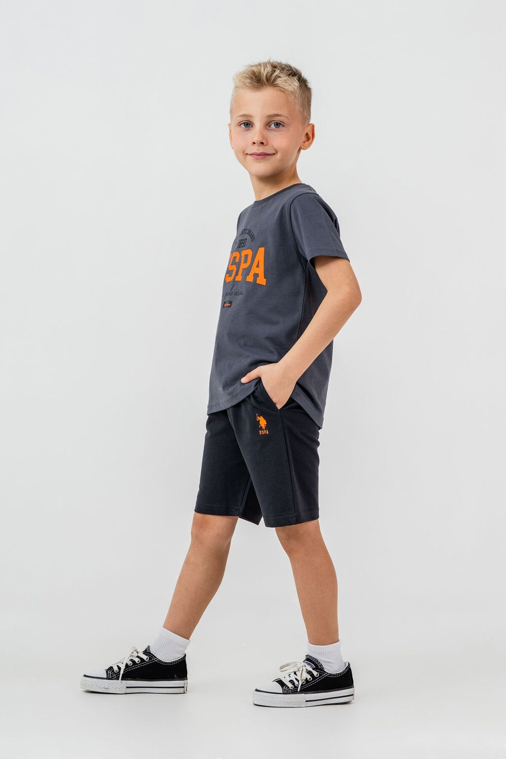 U.S. Polo Assn. Erkek Çocuk Bisiklet Yaka Nakışlı Yazlık Regular Fit Gri Bermuda Takım US2430-C-V2