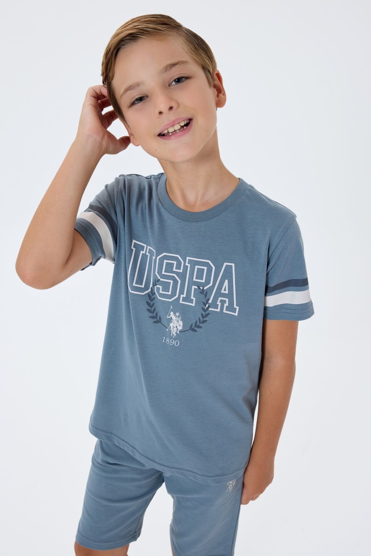 U.S. Polo Assn. Erkek Çocuk Bisiklet Yaka Nakışlı Yazlık Regular Fit Gri Bermuda Takım US2409-C-V1