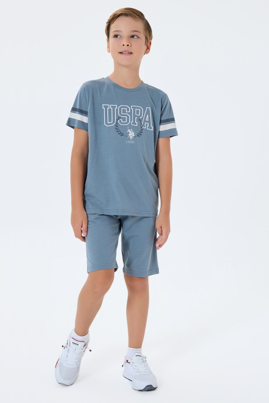 U.S. Polo Assn. Erkek Çocuk Bisiklet Yaka Nakışlı Yazlık Regular Fit Gri Bermuda Takım US2409-C-V1