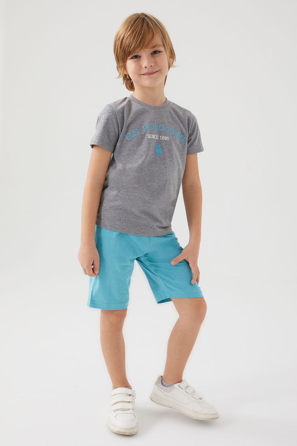 U.S. Polo Assn. Erkek Çocuk Bisiklet Yaka Pigment Baskılı Yazlık Regular Fit Gri Bermuda Takım US1369-C-V5