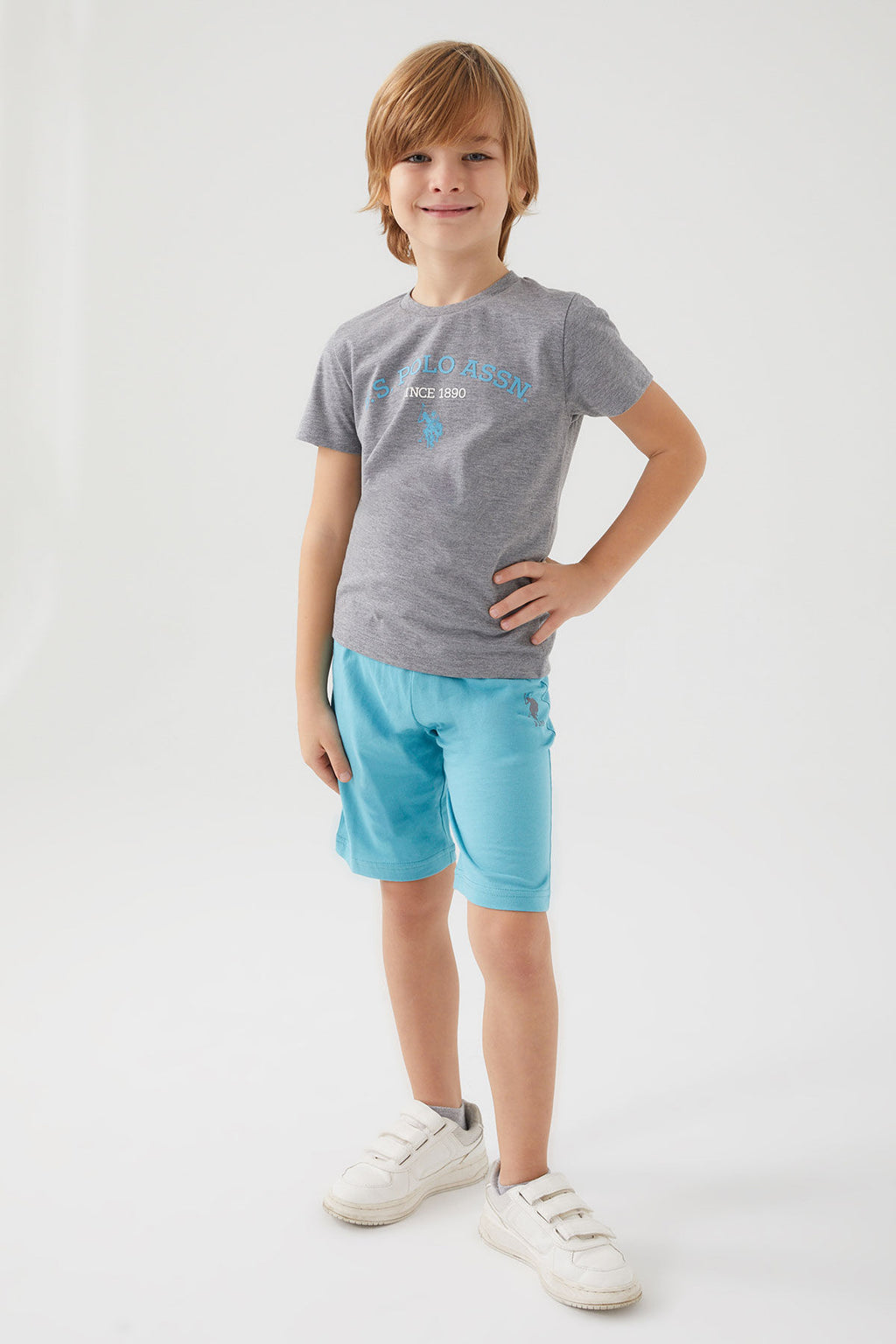 U.S. Polo Assn. Erkek Çocuk Bisiklet Yaka Pigment Baskılı Yazlık Regular Fit Gri Bermuda Takım US1369-C-V5