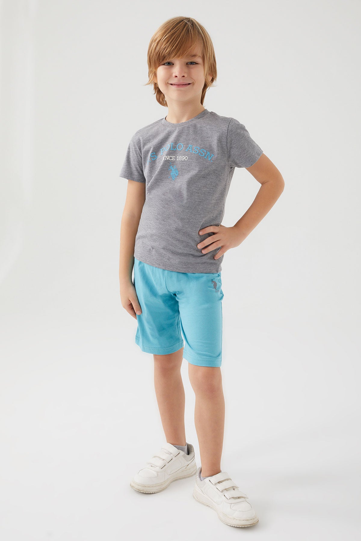 U.S. Polo Assn. Erkek Çocuk Bisiklet Yaka Pigment Baskılı Yazlık Regular Fit Gri Bermuda Takım US1369-C-V5