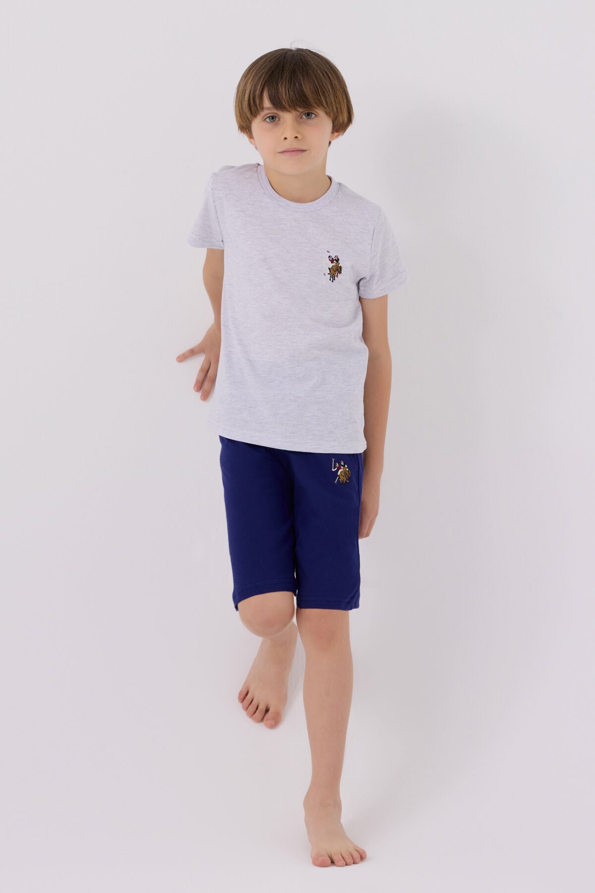 U.S. Polo Assn. Erkek Çocuk Bisiklet Yaka Sargı Nakışlı Yazlık Regular Fit Gri Bermuda Takım US1391-C-V5