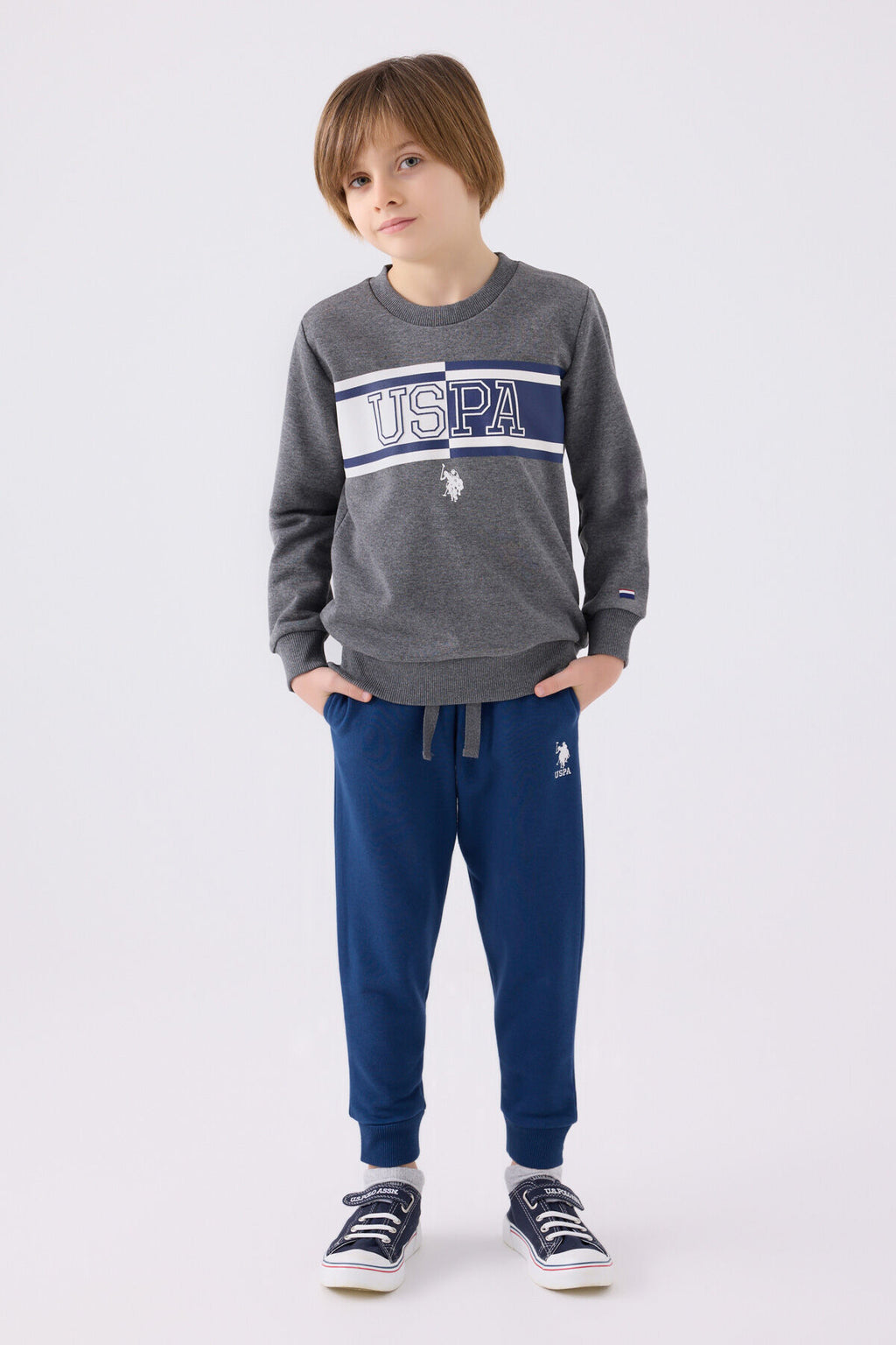 U.S. Polo Assn. Erkek Çocuk Bisiklet Yaka Empirme Baskılı Kışlık Regular Fit Gri Eşofman Takımı US1900-C-V2