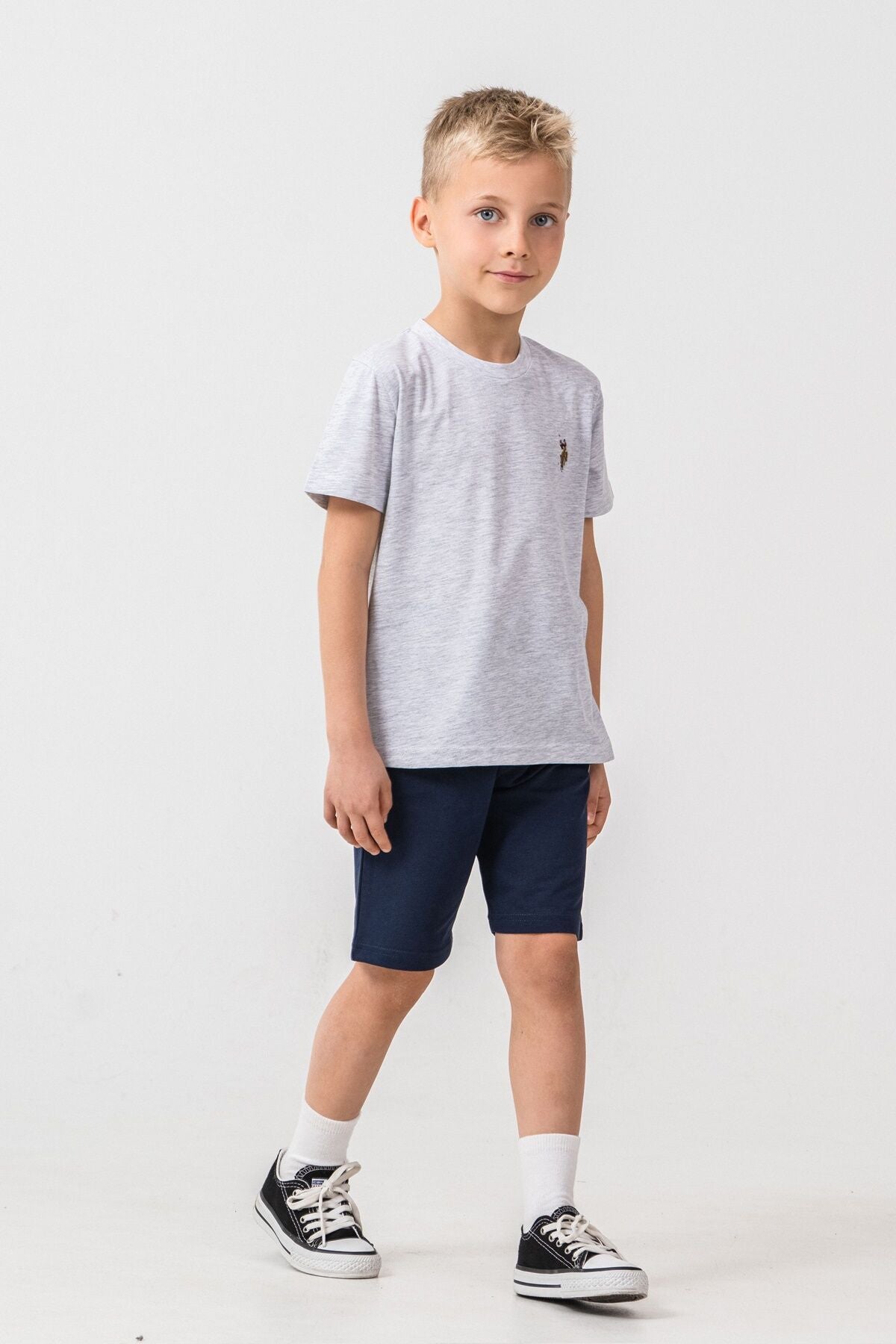 U.S. Polo Assn. Erkek Çocuk Bisiklet Yaka Nakışlı Yazlık Regular Fit Gri Bermuda Takım US2470-C-V1