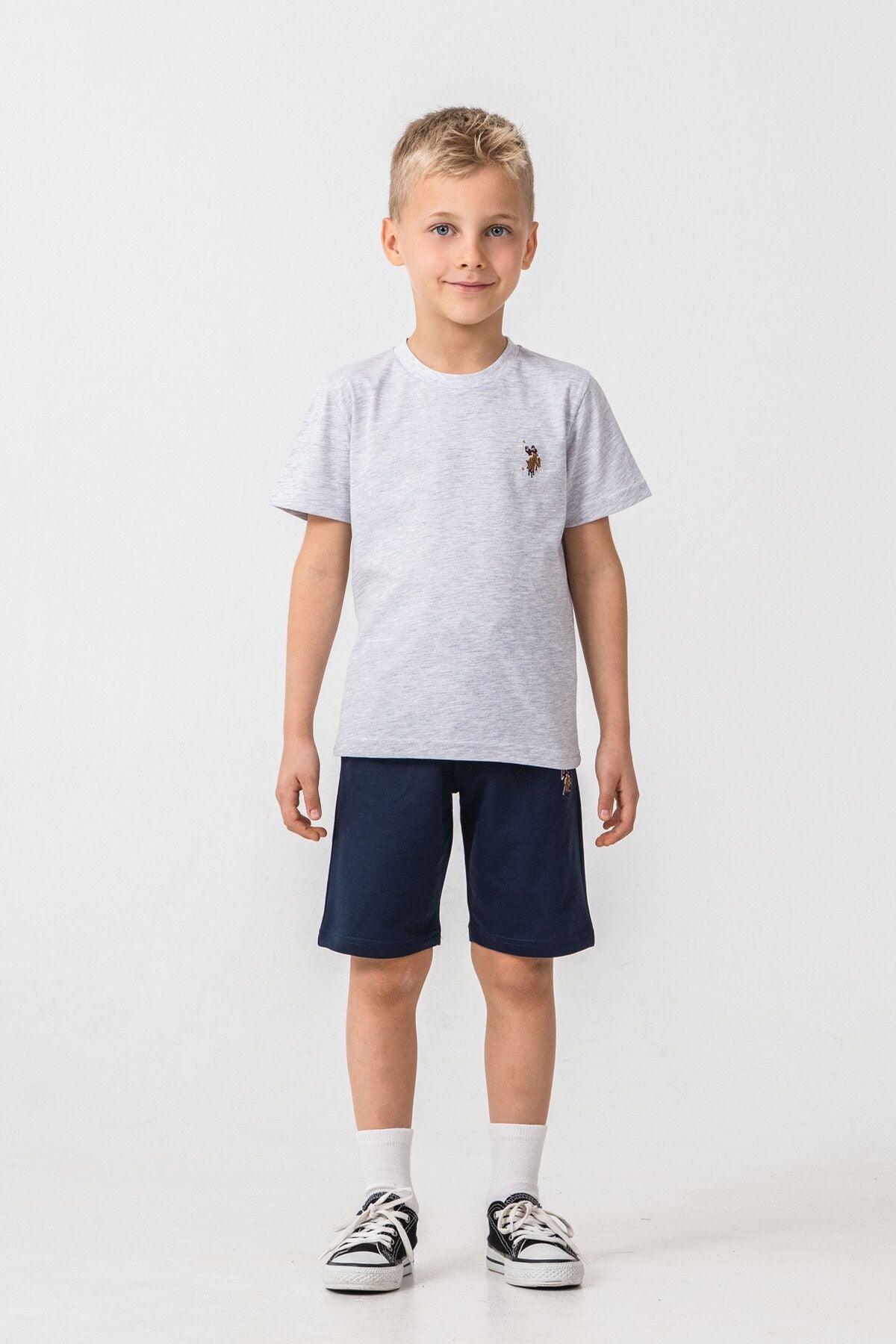 U.S. Polo Assn. Erkek Çocuk Bisiklet Yaka Nakışlı Yazlık Regular Fit Gri Bermuda Takım US2470-C-V1