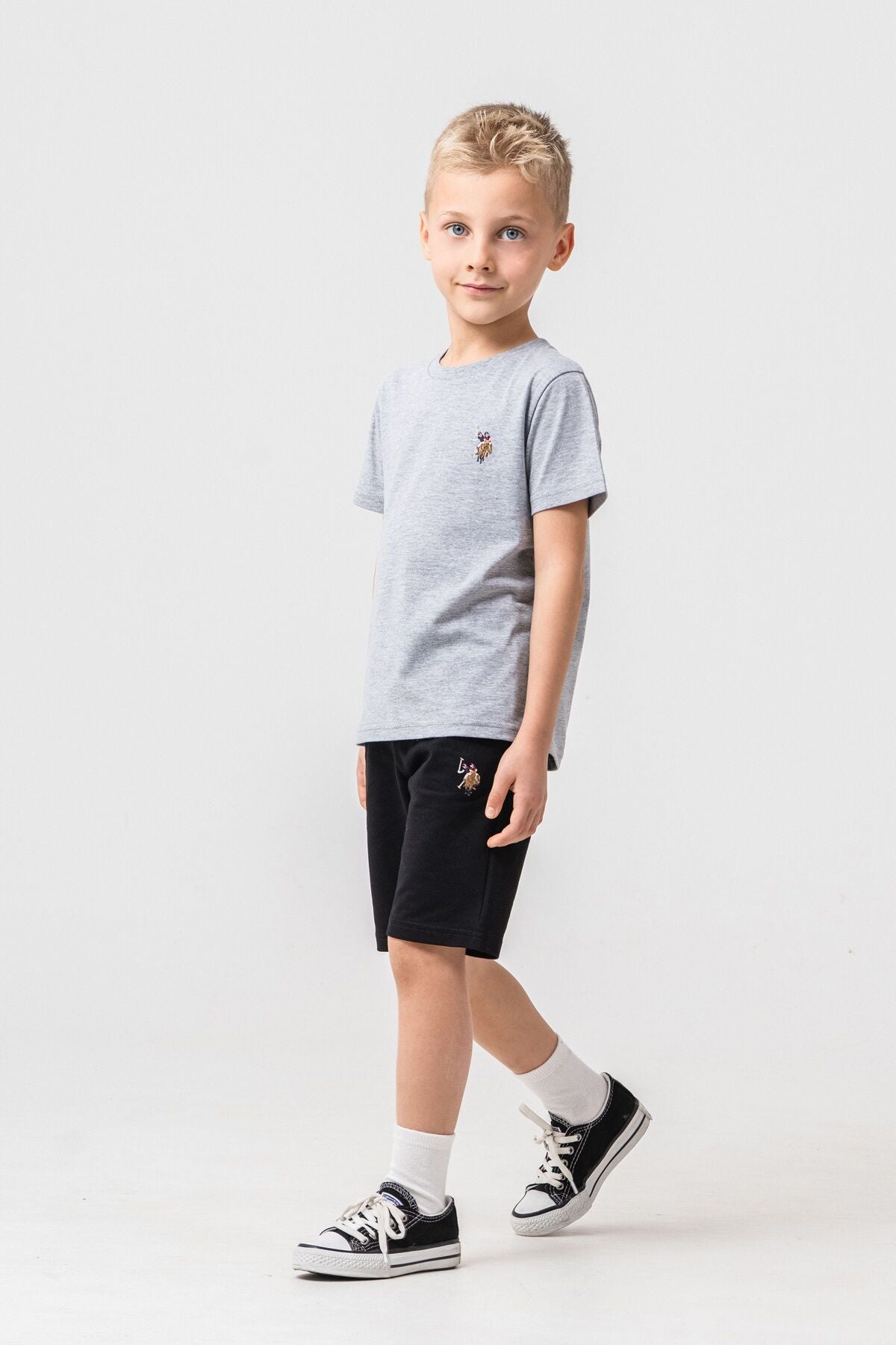 U.S. Polo Assn. Erkek Çocuk Bisiklet Yaka Nakışlı Yazlık Regular Fit Gri Bermuda Takım US2470-C-V2