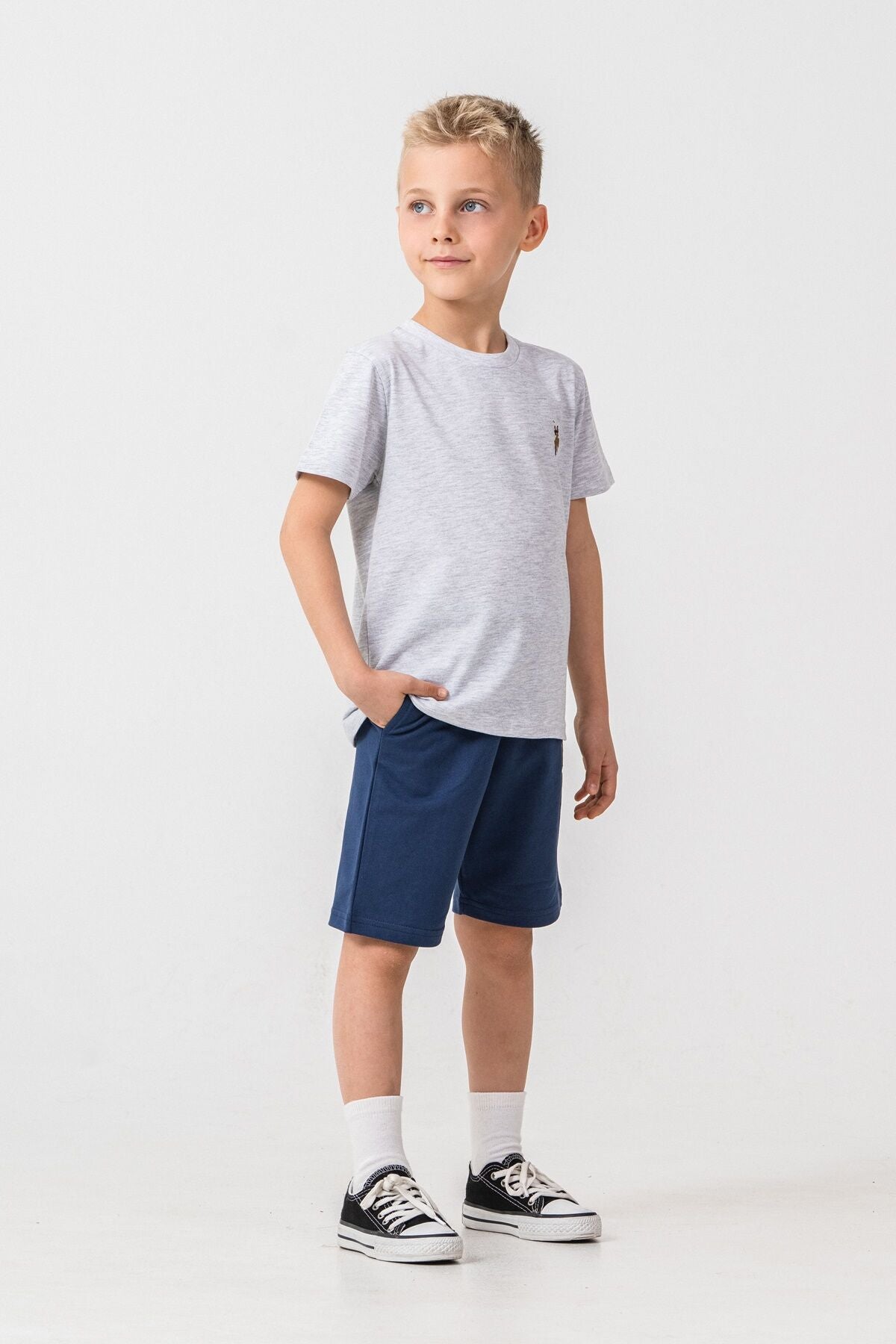 U.S. Polo Assn. Erkek Çocuk Bisiklet Yaka Nakışlı Yazlık Regular Fit Gri Bermuda Takım US2470-C-V4 Ürün ikincil görseli