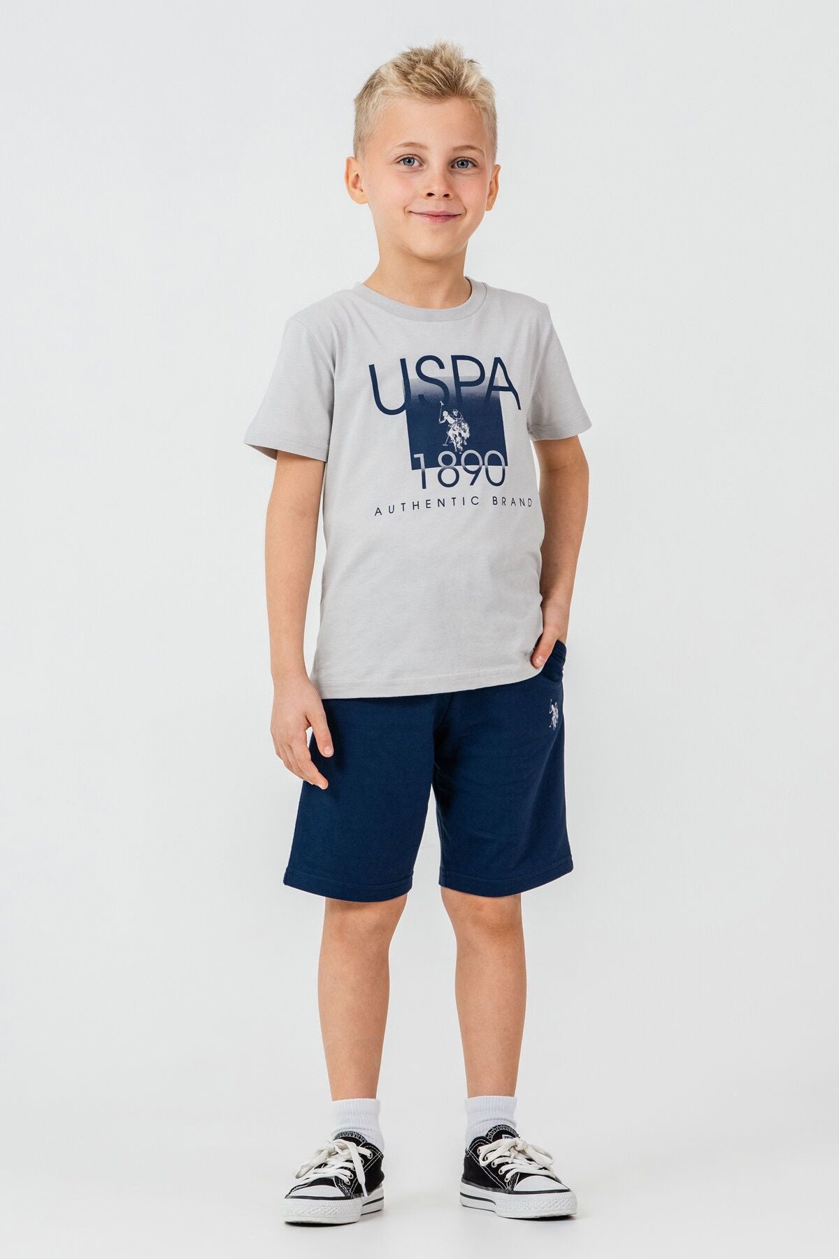 U.S. Polo Assn. Erkek Çocuk Bisiklet Yaka Nakışlı Yazlık Regular Fit Gri Bermuda Takım US2419-C-V3 Ürün ana görseli