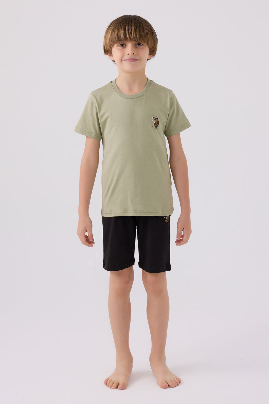 U.S. Polo Assn. Erkek Çocuk Bisiklet Yaka Sargı Nakışlı Yazlık Regular Fit Haki Bermuda Takım US1391-C-V10